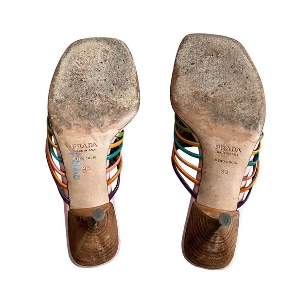 Prada Vera Cuoio Rainbow Strapped Kitten Heel Sandals - Picture 7 of 9